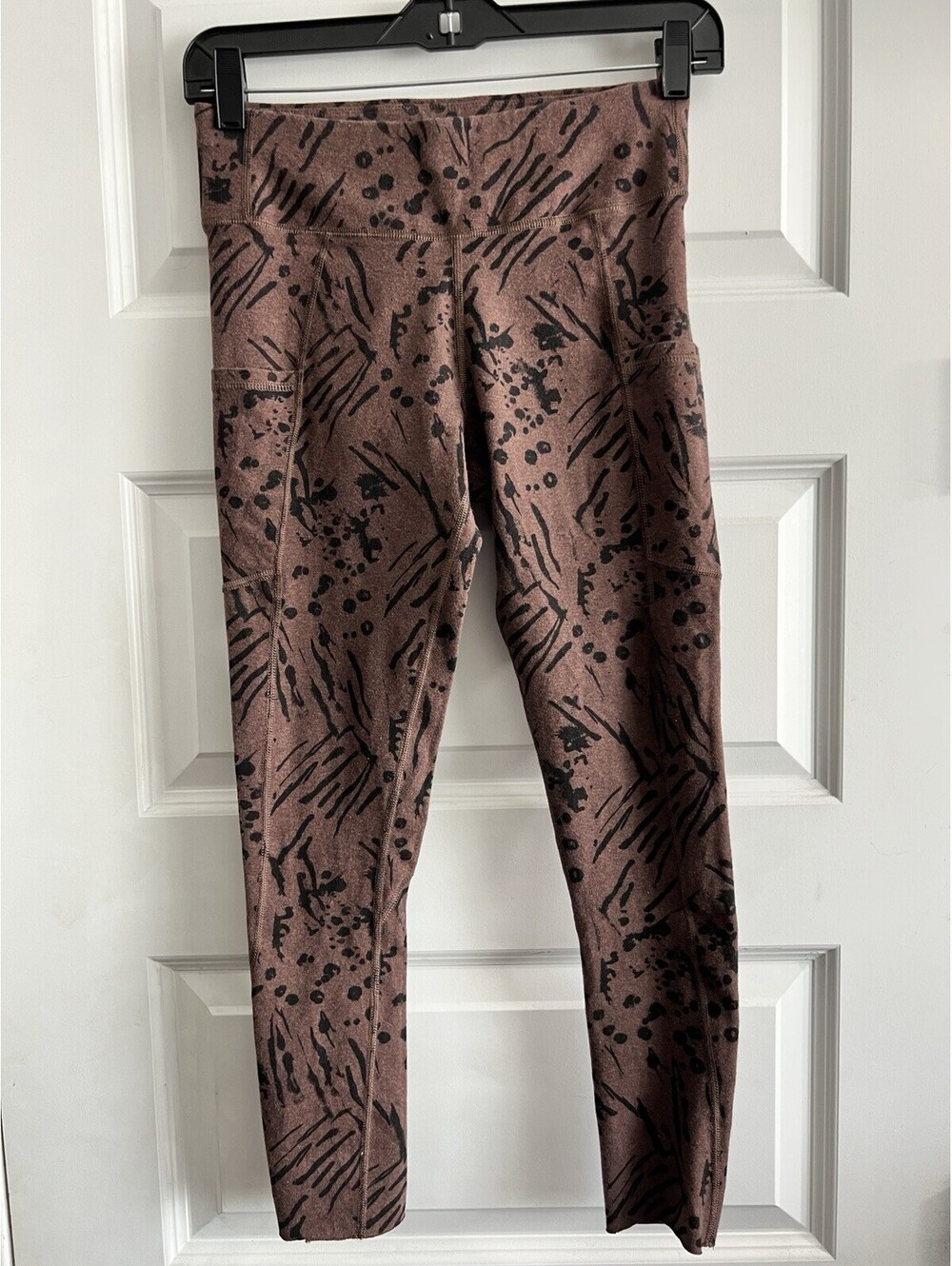 Pact Organic Cotton Cropped Leggings Women Sz S Brown Leopard Pockets See Descri